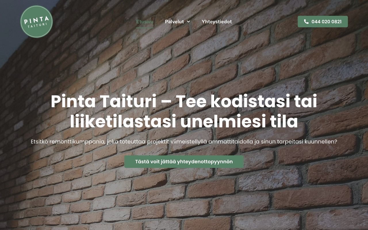Pinta Taituri -yrityksen verkkosivun etusivu